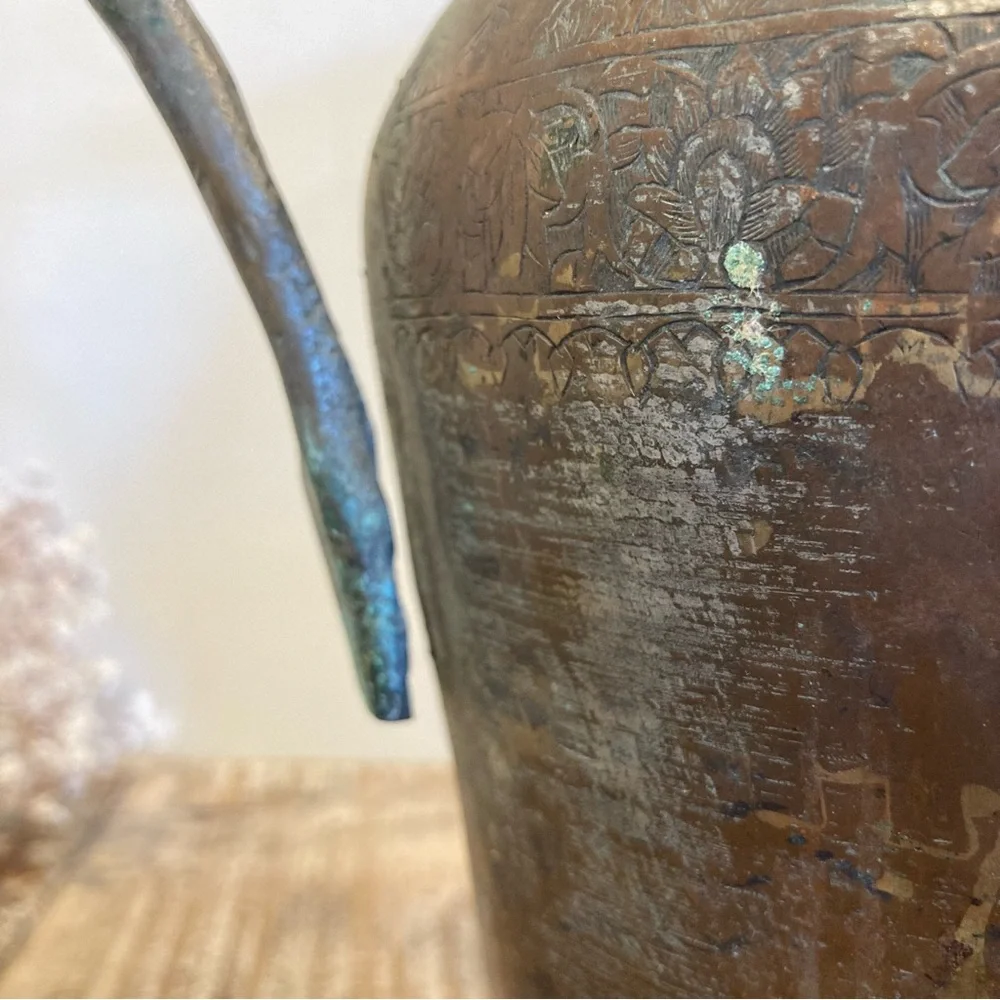 Hand Etched Vintage Metal Pitcher with Lid and Dovetail Joinery Middle Eastern